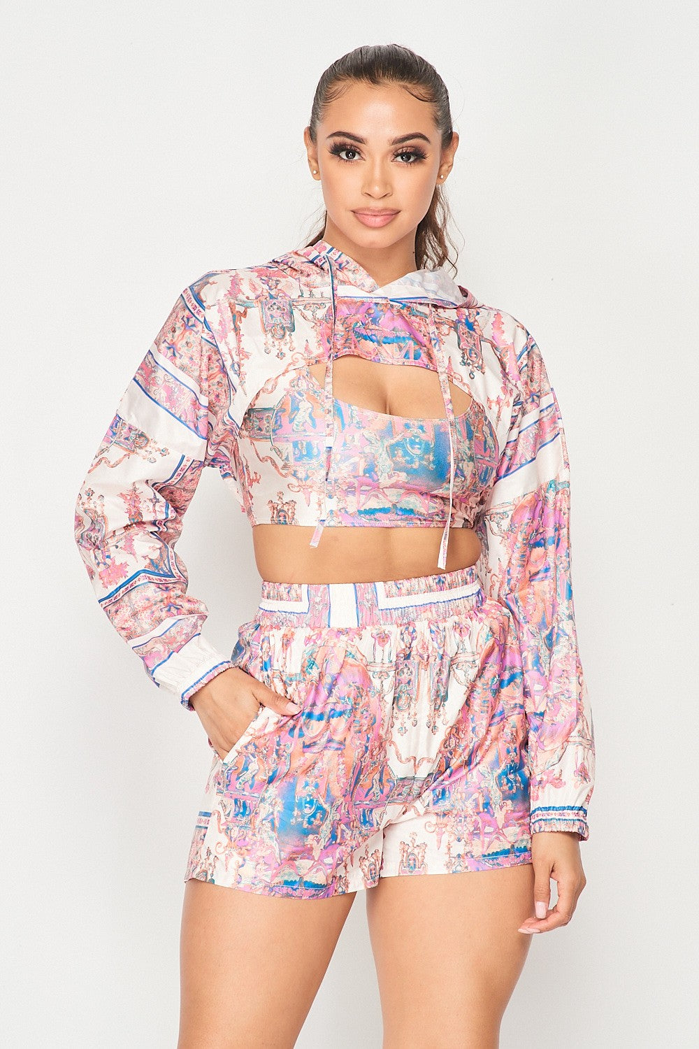 Rococco Printed Hoodie Top & Shorts Set