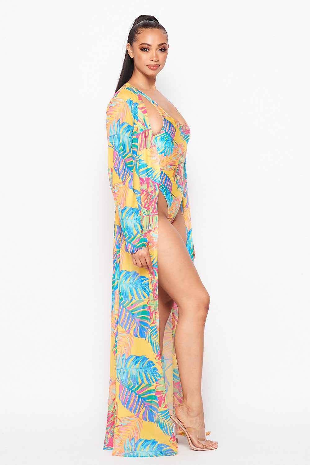 Tropical Print SwimSuit Cardigan Set