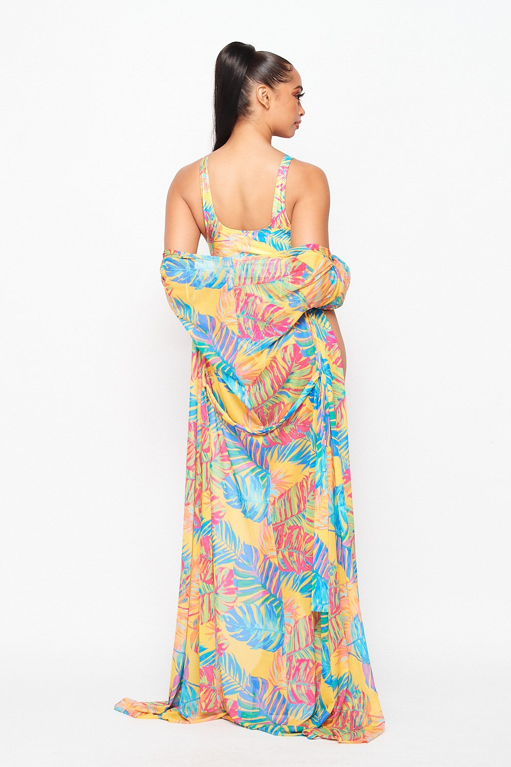 Tropical Print SwimSuit Cardigan Set